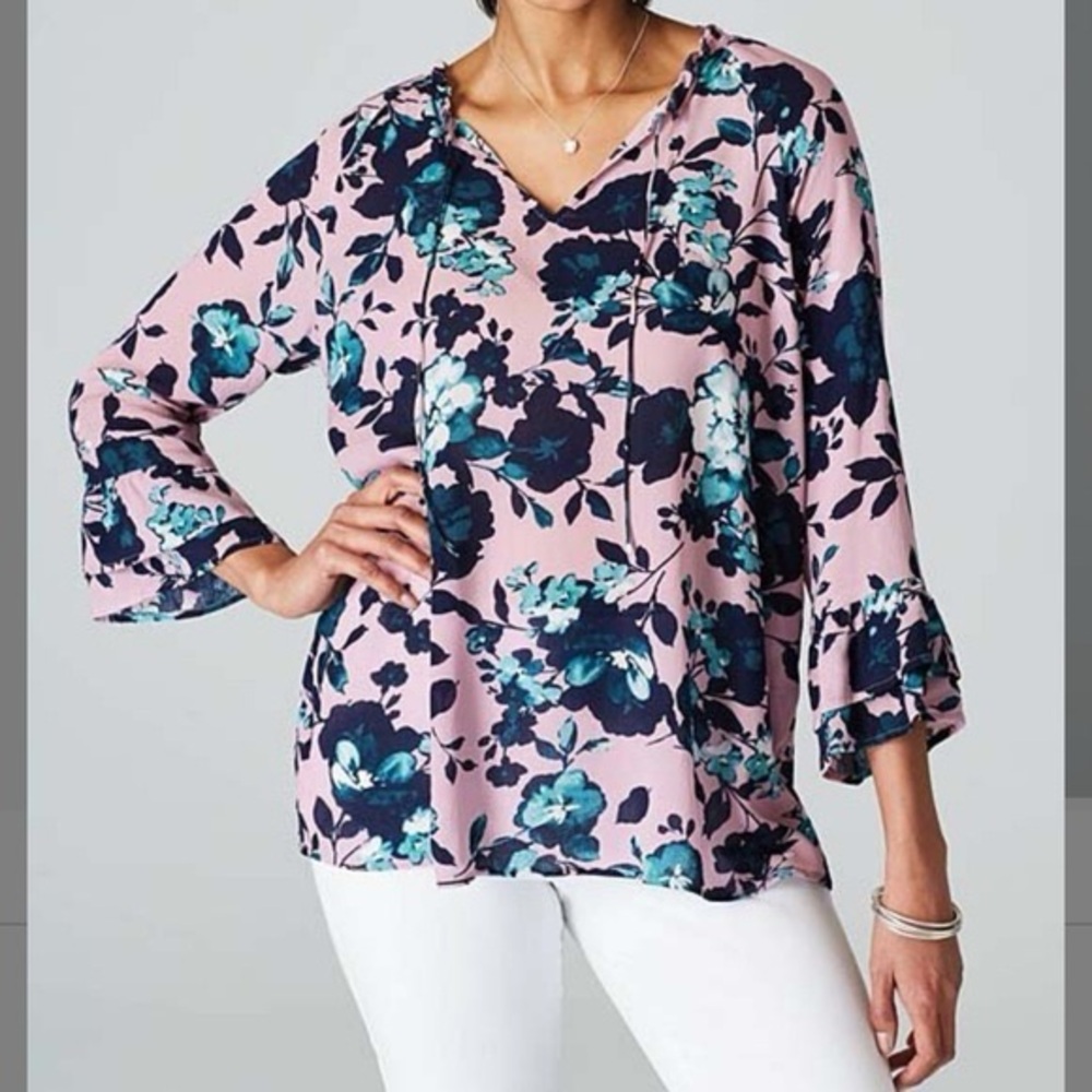 J. Jill Floral Ruffled Bell Sleeves Blouse Top Sz M